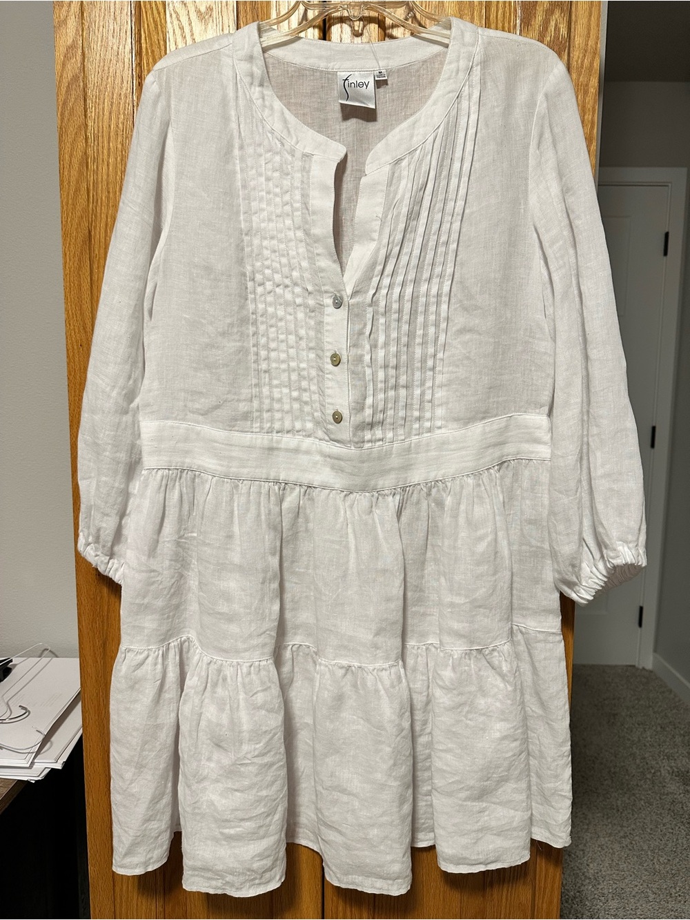 Finley White Linen Pintuck Tiered Tunic Dress M